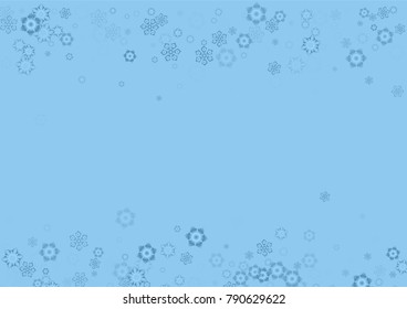 Falling christmas snow on blue. Vector New Year snowflake abstract background. Blue glitter confetti. Snowflakes decoration effect. Winter holiday print. Snowfall texture for poster, banner, card.