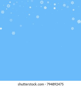 Falling christmas snow on blue. Vector New Year snowflake abstract background. White gllitter confetti. Snowflakes decoration effect. Winter holiday print. Snowfall texture for poster, banner, card.