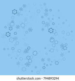 Falling christmas snow on blue. Vector New Year snowflake abstract background. Blue glitter confetti. Snowflakes decoration effect. Winter holiday print. Snowfall texture for poster, banner, card.