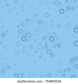 Falling christmas snow on blue. Vector New Year snowflake abstract background. Blue glitter confetti. Snowflakes decoration effect. Winter holiday print. Snowfall texture for poster, banner, card.