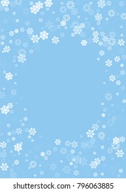 Falling christmas snow on blue. Vector New Year snowflake abstract background. White gllitter confetti. Snowflakes decoration effect. Winter holiday print. Snowfall texture for poster, banner, card.