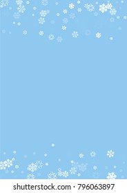 Falling christmas snow on blue. Vector New Year snowflake abstract background. White gllitter confetti. Snowflakes decoration effect. Winter holiday print. Snowfall texture for poster, banner, card.