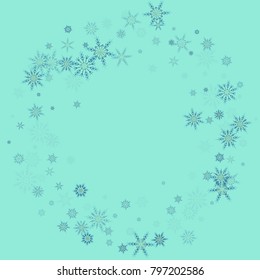 Falling christmas snow on blue. Vector New Year snowflake abstract background. Blue gllitter confetti. Snowflakes decoration effect. Winter holiday print. Snowfall texture for poster, banner, card.
