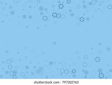 Falling christmas snow on blue. Vector New Year snowflake abstract background. Blue glitter confetti. Snowflakes decoration effect. Winter holiday print. Snowfall texture for poster, banner, card.