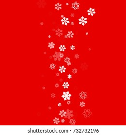 Falling christmas snow on red. Vector New Year snowflake abstract background. White snowfalls. Snowflakes decoration effect. Winter holiday print. Snowfall texture for poster, banner, card.