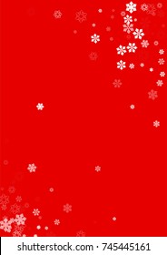 Falling christmas snow on red. Vector New Year snowflake abstract background. White snowfalls. Snowflakes decoration effect. Winter holiday print. Snowfall texture for poster, banner, card.