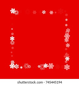 Falling christmas snow on red. Vector New Year snowflake abstract background. White snowfalls. Snowflakes decoration effect. Winter holiday print. Snowfall texture for poster, banner, card.