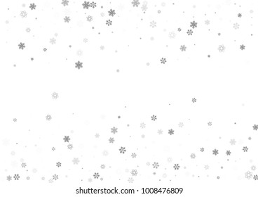 Falling christmas snow on white. Vector New Year snowflake abstract background. Grey gllitter confetti. Snowflakes decoration effect. Winter holiday print. Snowfall texture for poster, banner, card.