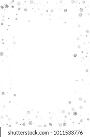 Falling christmas snow on white. Vector New Year snowflake abstract background. Grey gllitter confetti. Snowflakes decoration effect. Winter holiday print. Snowfall texture for poster, banner, card.