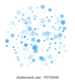 Falling christmas snow on white. Vector New Year snowflake abstract background. Blue snowfalls. Snowflakes decoration effect. Winter holiday print. Snowfall texture for poster, banner, card.
