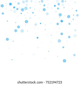Falling christmas snow on white. Vector New Year snowflake abstract background. Blue gllitter confetti. Snowflakes decoration effect. Winter holiday print. Snowfall texture for poster, banner, card.
