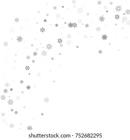 Falling christmas snow on white. Vector New Year snowflake abstract background. Grey gllitter confetti. Snowflakes decoration effect. Winter holiday print. Snowfall texture for poster, banner, card.