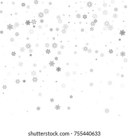 Falling christmas snow on white. Vector New Year snowflake abstract background. Grey gllitter confetti. Snowflakes decoration effect. Winter holiday print. Snowfall texture for poster, banner, card.