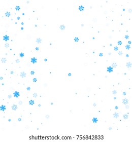 Falling christmas snow on white. Vector New Year snowflake abstract background. Blue gllitter confetti. Snowflakes decoration effect. Winter holiday print. Snowfall texture for poster, banner, card.