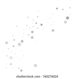 Falling christmas snow on white. Vector New Year snowflake abstract background. Grey gllitter confetti. Snowflakes decoration effect. Winter holiday print. Snowfall texture for poster, banner, card.