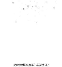 Falling christmas snow on white. Vector New Year snowflake abstract background. Grey gllitter confetti. Snowflakes decoration effect. Winter holiday print. Snowfall texture for poster, banner, card.