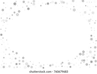 Falling christmas snow on white. Vector New Year snowflake abstract background. Grey gllitter confetti. Snowflakes decoration effect. Winter holiday print. Snowfall texture for poster, banner, card.