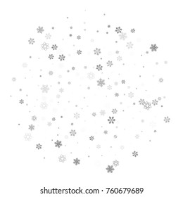 Falling christmas snow on white. Vector New Year snowflake abstract background. Grey gllitter confetti. Snowflakes decoration effect. Winter holiday print. Snowfall texture for poster, banner, card.