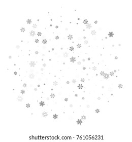 Falling christmas snow on white. Vector New Year snowflake abstract background. Grey gllitter confetti. Snowflakes decoration effect. Winter holiday print. Snowfall texture for poster, banner, card.