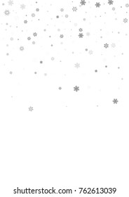 Falling christmas snow on white. Vector New Year snowflake abstract background. Grey gllitter confetti. Snowflakes decoration effect. Winter holiday print. Snowfall texture for poster, banner, card.