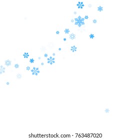 Falling christmas snow on white. Vector New Year snowflake abstract background. Blue gllitter confetti. Snowflakes decoration effect. Winter holiday print. Snowfall texture for poster, banner, card.