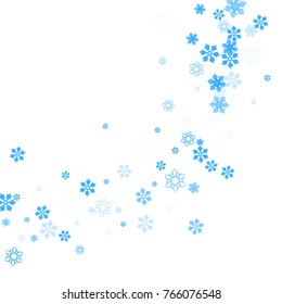 Falling christmas snow on white. Vector New Year snowflake abstract background. Blue gllitter confetti. Snowflakes decoration effect. Winter holiday print. Snowfall texture for poster, banner, card.