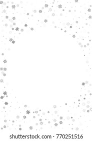 Falling christmas snow on white. Vector New Year snowflake abstract background. Grey gllitter confetti. Snowflakes decoration effect. Winter holiday print. Snowfall texture for poster, banner, card.