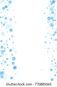 Falling christmas snow on white. Vector New Year snowflake abstract background. Blue gllitter confetti. Snowflakes decoration effect. Winter holiday print. Snowfall texture for poster, banner, card.