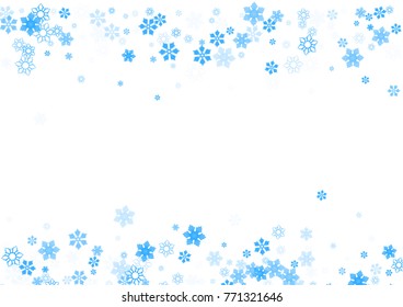 Falling christmas snow on white. Vector New Year snowflake abstract background. Blue gllitter confetti. Snowflakes decoration effect. Winter holiday print. Snowfall texture for poster, banner, card.