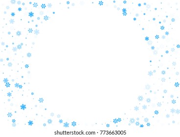 Falling christmas snow on white. Vector New Year snowflake abstract background. Blue gllitter confetti. Snowflakes decoration effect. Winter holiday print. Snowfall texture for poster, banner, card.