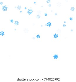 Falling christmas snow on white. Vector New Year snowflake abstract background. Blue gllitter confetti. Snowflakes decoration effect. Winter holiday print. Snowfall texture for poster, banner, card.