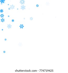 Falling christmas snow on white. Vector New Year snowflake abstract background. Blue gllitter confetti. Snowflakes decoration effect. Winter holiday print. Snowfall texture for poster, banner, card.