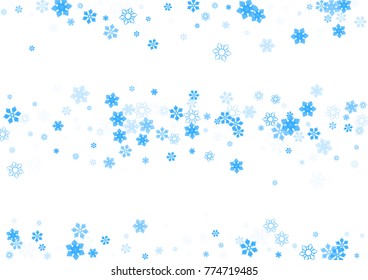 Falling christmas snow on white. Vector New Year snowflake abstract background. Blue gllitter confetti. Snowflakes decoration effect. Winter holiday print. Snowfall texture for poster, banner, card.