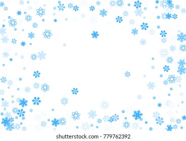 Falling christmas snow on white. Vector New Year snowflake abstract background. Blue gllitter confetti. Snowflakes decoration effect. Winter holiday print. Snowfall texture for poster, banner, card.