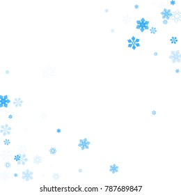 Falling christmas snow on white. Vector New Year snowflake abstract background. Blue gllitter confetti. Snowflakes decoration effect. Winter holiday print. Snowfall texture for poster, banner, card.