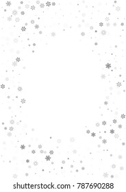 Falling christmas snow on white. Vector New Year snowflake abstract background. Grey gllitter confetti. Snowflakes decoration effect. Winter holiday print. Snowfall texture for poster, banner, card.