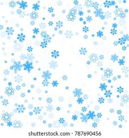 Falling christmas snow on white. Vector New Year snowflake abstract background. Blue gllitter confetti. Snowflakes decoration effect. Winter holiday print. Snowfall texture for poster, banner, card.