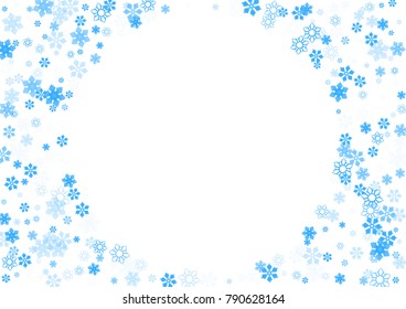 Falling christmas snow on white. Vector New Year snowflake abstract background. Blue gllitter confetti. Snowflakes decoration effect. Winter holiday print. Snowfall texture for poster, banner, card.