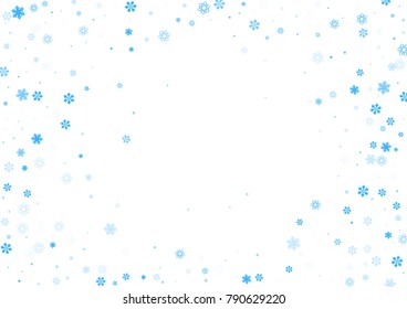 Falling christmas snow on white. Vector New Year snowflake abstract background. Blue gllitter confetti. Snowflakes decoration effect. Winter holiday print. Snowfall texture for poster, banner, card.