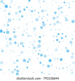 Falling christmas snow on white. Vector New Year snowflake abstract background. Blue gllitter confetti. Snowflakes decoration effect. Winter holiday print. Snowfall texture for poster, banner, card.