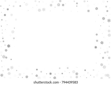 Falling christmas snow on white. Vector New Year snowflake abstract background. Grey gllitter confetti. Snowflakes decoration effect. Winter holiday print. Snowfall texture for poster, banner, card.