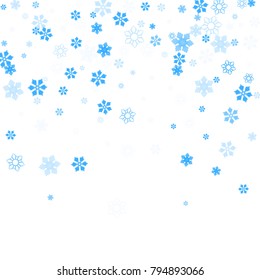 Falling christmas snow on white. Vector New Year snowflake abstract background. Blue gllitter confetti. Snowflakes decoration effect. Winter holiday print. Snowfall texture for poster, banner, card.