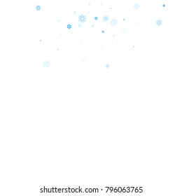 Falling christmas snow on white. Vector New Year snowflake abstract background. Blue gllitter confetti. Snowflakes decoration effect. Winter holiday print. Snowfall texture for poster, banner, card.