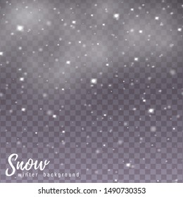 Falling Christmas snow. Realistic falling snowflakes isolated on transparent background. Vector heavy snowfall in different shapes and forms.
