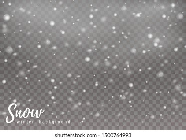 Falling Christmas snow. Realistic falling snowflakes isolated on transparent background. Vector heavy snowfall in different shapes and forms.