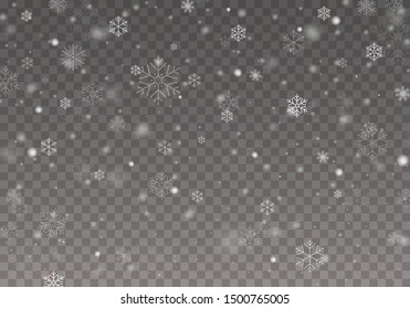 Falling Christmas snow. Realistic falling snowflakes isolated on transparent background. Vector heavy snowfall in different shapes and forms.