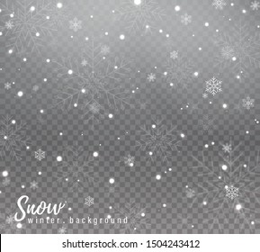 Falling Christmas snow. Realistic falling snowflakes isolated on transparent background. Vector heavy snowfall in different shapes and forms.