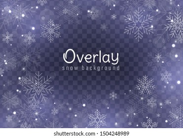 Falling Christmas snow. Realistic falling snowflakes isolated on transparent background. Vector heavy snowfall in different shapes and forms. Place for your text