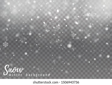 Falling Christmas snow. Realistic falling snowflakes isolated on transparent background. Vector heavy snowfall in different shapes and forms.