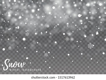 Falling Christmas snow. Realistic falling snowflakes isolated on transparent background. Vector heavy snowfall in different shapes and forms. Place for your text on transparent background